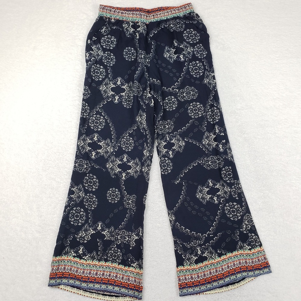 Breeze Ever Navy Blue Mandala Floral Tribal Border Wide Leg Palazzo Pants L Boho